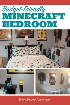 a bed room with a neatly made bed and pictures on the wall above it that says budget - friendly minecraft bedroom