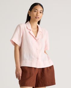 Say hi to relaxed, laidback luxe. Throw on this collared short sleeve with anything to level up a day-to-day fit. The boxy cut will pair with our linen shorts or pants to create your dream resort-life look. Our linen is made from 100% European flax, which is more sustainable and less resource-intensive to grow. Linen is the ultimate year-round fabric because it's breathable and naturally heat-regulating.  | Quince | Women's 100% European Linen Short Sleeve Shirt in Pale Pink, Size XL Linen Tops For Daywear, Short Sleeve Relaxed Fit Shirt For Loungewear, Relaxed Short Sleeve Shirt For Daywear, Relaxed Fit Short Sleeve Loungewear Shirt, Relaxed Fit Short Sleeve Shirt For Loungewear, Relaxed Fit Collared Short Sleeve Shirt For Daywear, Relaxed Linen Short Sleeve Shirt, Collared Linen Tops For Loungewear, Relaxed Fit Linen Top With Collared Neckline