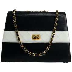 Chanel 1980s Two Tone Black and White Vintage Flap Bag | From a unique collection of rare vintage Structured Shoulder Bags at https://www.1stdibs.com/fashion/handbags-purses-bags/shoulder-bags/structured-shoulder-bags/. Black And White Bags, Chanel Black And White, Vintage Chanel Bag, Black And White Vintage, Vintage Chanel Handbags, Vintage Crossbody Bag, Gold Bag, Chanel Purse, Vintage Purses