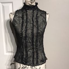 The Limited Silk Black Metallic Top Blouse Sz M Nwot- Mesh- See Through Striped High Neck Shiny Silver Sheer Sleeveless Striped Ruffle Raw Trim Club Dance Night Out Cocktail Party Sexy Hot Crop Tee Tank Cami Fits Small Mannequin Is Sz S All Sales Are Final Stretch Grunge Party Tops, Stretch Grunge Tops For Party, Gothic Stretch Top For Party, Grunge Halloween Party Tops, Edgy Tops For Halloween Party, Alternative Style Top For Halloween Party, Alternative Halloween Party Tops, Alternative Halloween Party Top, Punk Sleeveless Party Top