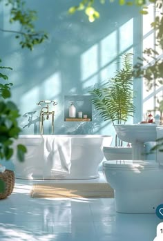 a white bath tub sitting in a bathroom next to a plant filled wall mounted sink