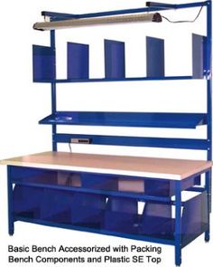 a blue workbench with shelves and bins on the bottom shelf is labeled basic bench accessories and plastic set top