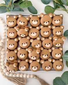 cookies decorated with teddy bears and tassels are on a platter surrounded by greenery