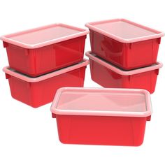 four red plastic storage containers with lids