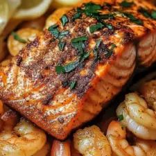 grilled salmon and shrimp on a plate with lemon wedges, garlic and parsley