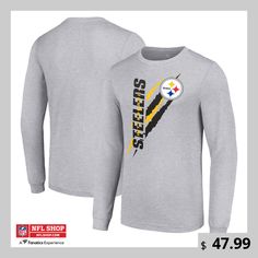 Look and feel as fresh as your style by grabbing this Pittsburgh Steelers Color Scratch Long Sleeve T-Shirt from Starter. This tee is perfect for repping your favorite team in comfort. Plus, the striking Pittsburgh Steelers graphics and eye-catching design show your team spirit loud and proud. Long Sleeve Sports T-shirt With Team Logo, Athletic Heather Long Sleeve T-shirt With Letter Print, Athletic Heather Graphic Print Tops For Fan Gear, Athletic Heather Tops With Graphic Print For Fans, Football Season Long Sleeve T-shirt With Team Logo, Long Sleeve Football Season T-shirt With Team Logo, Long Sleeve T-shirt With Team Logo For Football Season, Sports Fan Long Sleeve T-shirt With Team Logo, Athletic Heather Fan Apparel Top With Graphic Print