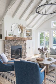 a living room filled with furniture and a fire place