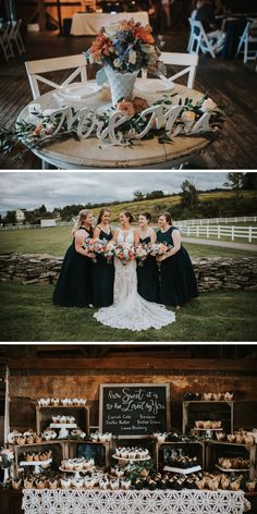 the bride and her bridal party are posing for pictures in front of their wedding cake