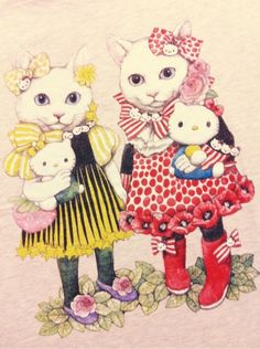 two cats are standing next to each other holding stuffed animals and wearing dresses with bows