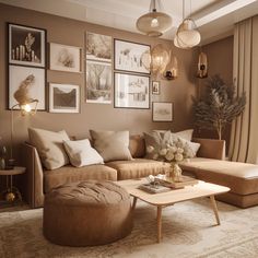 a living room filled with lots of furniture and pictures on the wall above it's coffee table