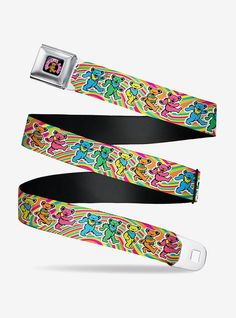 two belts with colorful designs on them, one has a buckle and the other has a clip