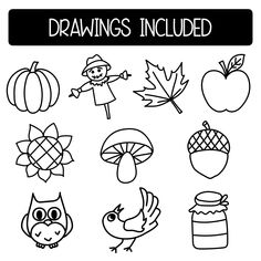 a set of drawings with autumn related items in black and white on a white background