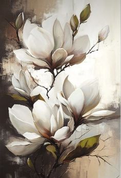 a painting of white flowers on a brown background