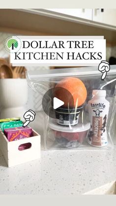 the dollar tree kitchen hacks video is displayed in front of a counter top with an orange