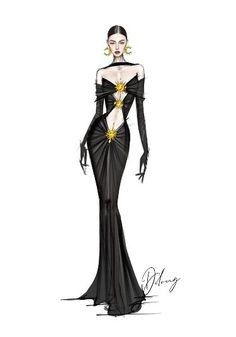 a drawing of a woman in a black dress with gold accents on her chest and shoulders