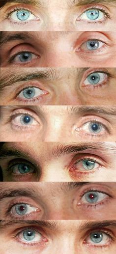 several different pictures of the eyes of a person with blue eyes and brown hair,