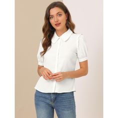 The beautiful and soft blouse adds a touch of elegant, feminine style to your wardrobe. It suits spring and summer and for many occasions, such as casual, work, office, meeting, dating, weekend, leisure, and daily wear. Pair this doll-collar shirt with the high-waist jeans and sneakers for your casual-chic look, or wear it with a pencil skirt and high heels for sophistication and elegance. Solid Color Summer Blouse For Work, White Solid Color Blouse For Work, Summer Workwear Blouse In Solid Color, Elegant Solid Color Shirt For Spring, Solid Color Office Blouse For Spring, Solid Color Spring Office Blouse, Spring Office Wear Solid Color Shirt, Plain Collared Blouse For Spring, Elegant Solid Color Summer Shirt