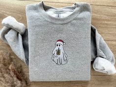 Embroidered Sweaters, Ghost Sweater, Christmas Ghost, Cool Autumn, Coffee Sweater, Holiday Apparel, Embroidered Christmas, Friendly Ghost, Autumn Days