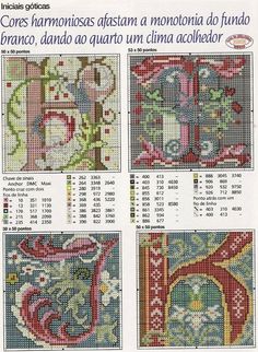 the cross stitch pattern is shown in four different colors