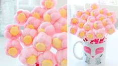 two pictures one with pink and yellow teddy bears in it, the other is filled with candy