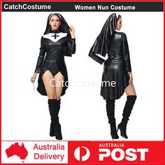 two women dressed in costumes with hoods and capes, one is wearing a black leather