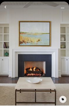 a living room with a fire place in the center and shelves on either side of the fireplace