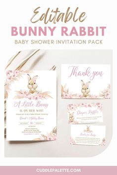 the bunny rabbit baby shower invitation is shown with pink flowers and gold foil lettering on it