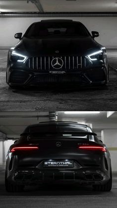 the front and back view of a black mercedes car