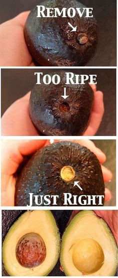 an avocado is shown in three different stages