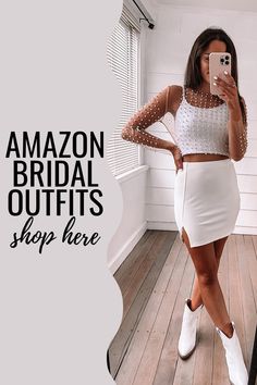 a woman taking a selfie in front of a mirror with the words amazon bridal outfits shop here