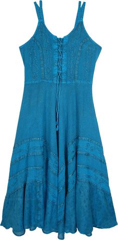 A fresh design in vintage style bohemian clothing - this cute classic teal dress gently falls and flairs the body and gives you a flattering fit. It's a sleeveless dress with an uneven hemline and a balanced silhouette. #tlb #Sleeveless #Stonewash #Embroidered #Lace #vacationclothing #beachwrap #bohemianfashion #VintageDress #westerndress #renaissancedress #medievaldress Teal Summer Dress, Beach Bohemian, Cobalt Blue Dress, Maxi Long Dress, Vintage Bohemian Style, Set Ideas, Bohemian Clothing, Trendy Skirts, Medieval Dress