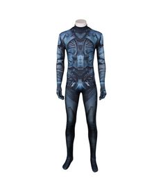 a man wearing a blue and black bodysuit on top of a white mannequin