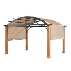 an outdoor gazebo with curtains on the top and side panels, attached to wooden posts