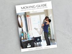 a man and woman embracing each other in front of a mirror with the words moving guide on it