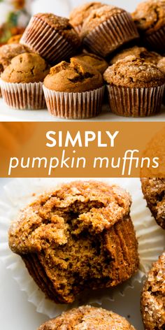 pumpkin muffins are stacked on top of each other with the words, simply pumpkin muffins