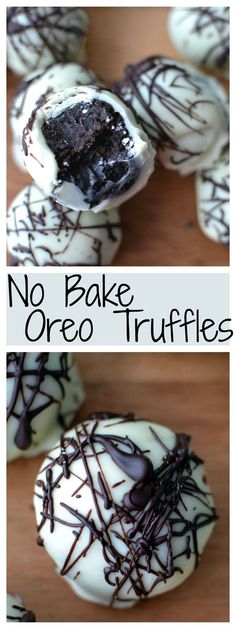 no bake oreo truffles with chocolate drizzle on them