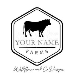 a black and white logo with a cow on it's side, in the center is