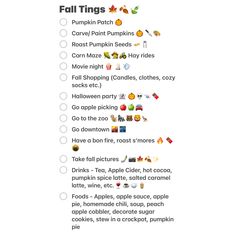 an image of fall things list with pumpkins and other things to do on it