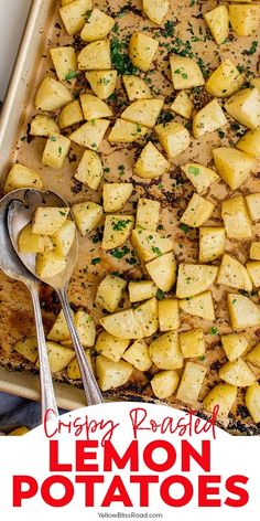 a casserole dish with lemon potatoes and parsley on the side, ready to be eaten