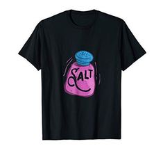 a black t - shirt with a pink salt jar on the front and blue salt in the back