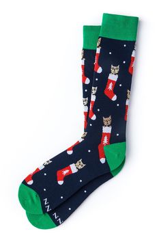 Cat lovers — we have the purr-fect Christmas sock for you. Because let's face it — the holidays wouldn't be complete without your furry friend. The sock, which features an adorable cat in a stocking, is just begging to be worn. Christmas Sock, Mens Dress Socks, Sock Drawer, Blue Socks, Meowy Christmas, Christmas Socks, Dress Socks, Tie Accessories, Cotton Socks