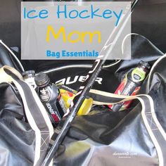 an ice hockey mom's bag essentials are packed in the back of a car