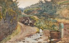 a painting of cows walking down a road next to a stone wall and water stream