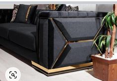 a black couch sitting next to a plant in a living room