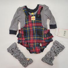 Harajuku Mini - Gwen Stefani Designed Plaid Body Suit Includes 3 Pieces - Plaid Ruffle Bottom Overalls, Striped Long-Sleeve Tee, And Striped Leggings. Cotton School Sets For Fall, Plaid Cotton Playtime Set, Multicolor Cotton School Sets, Cute Plaid Playtime Sets, Cute Multicolor Sets For School, Cute Multicolor School Sets, Cute Multicolor Winter Sets, Playful Multicolor Sets For Fall, Cute Black Sets For Playtime