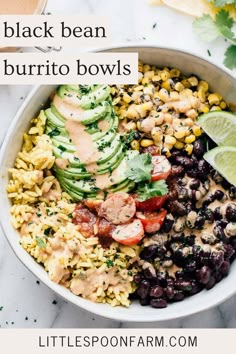 black bean burrito bowls with avocado, corn and tomatoes