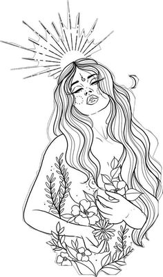 a drawing of a woman with flowers in her hand and the sun above her head