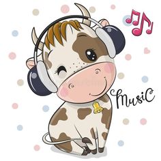 cartoon cow with headphones and music notes on a polka dot background vector eps file