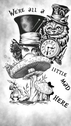 we're all a little mad here tattoo design with an owl, mushroom and top hat