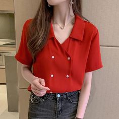 Short Sleeve Chiffon Notched Blouse Shirt – Nada Outfit Land Casual V-neck Office Tops, Casual V-neck Tops For Office, Casual Solid Color Tops For Office, Casual Solid Tops For Office, Casual Red Office Blouse, Casual Red Blouse For Office, Red Short Sleeve Tops For Office, Casual Office Tops, Casual Short Sleeve Office Top